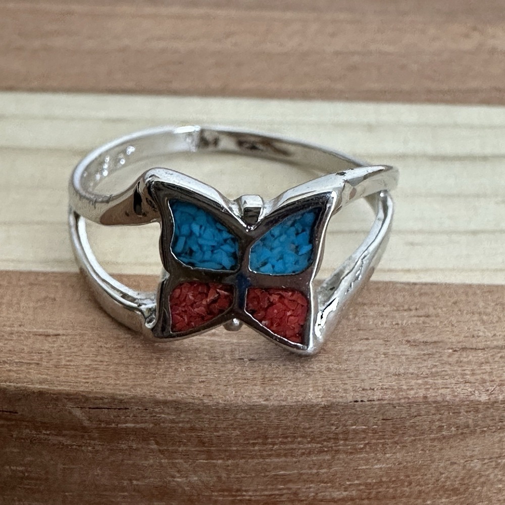 VTG Butterfly Ring Size 7.75‎ Red Coral & Blue Turquoise Chip Inlay Silver Tone
